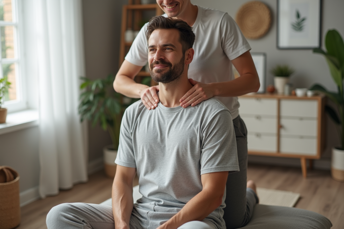 Homme recevant un massage du cou dans un intérieur cosy