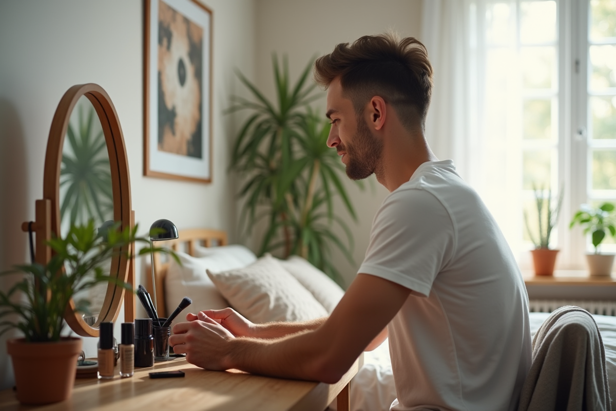 Homme organisant des produits de maquillage sur une coiffeuse dans une chambre lumineuse