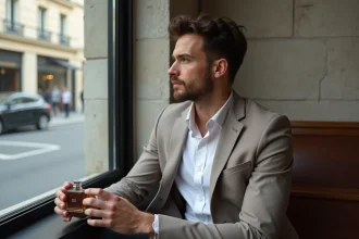 Homme élégant tenant un flacon de parfum à Paris