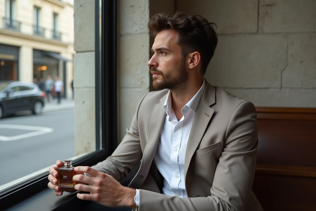 Homme élégant tenant un flacon de parfum à Paris