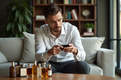 Homme élégant inspectant des flacons de parfum dans un salon moderne