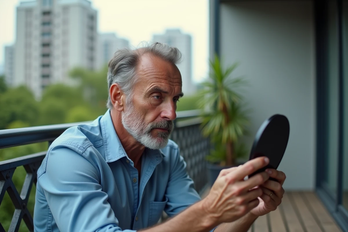 Homme regardant sa calvitie dans un miroir en balcon