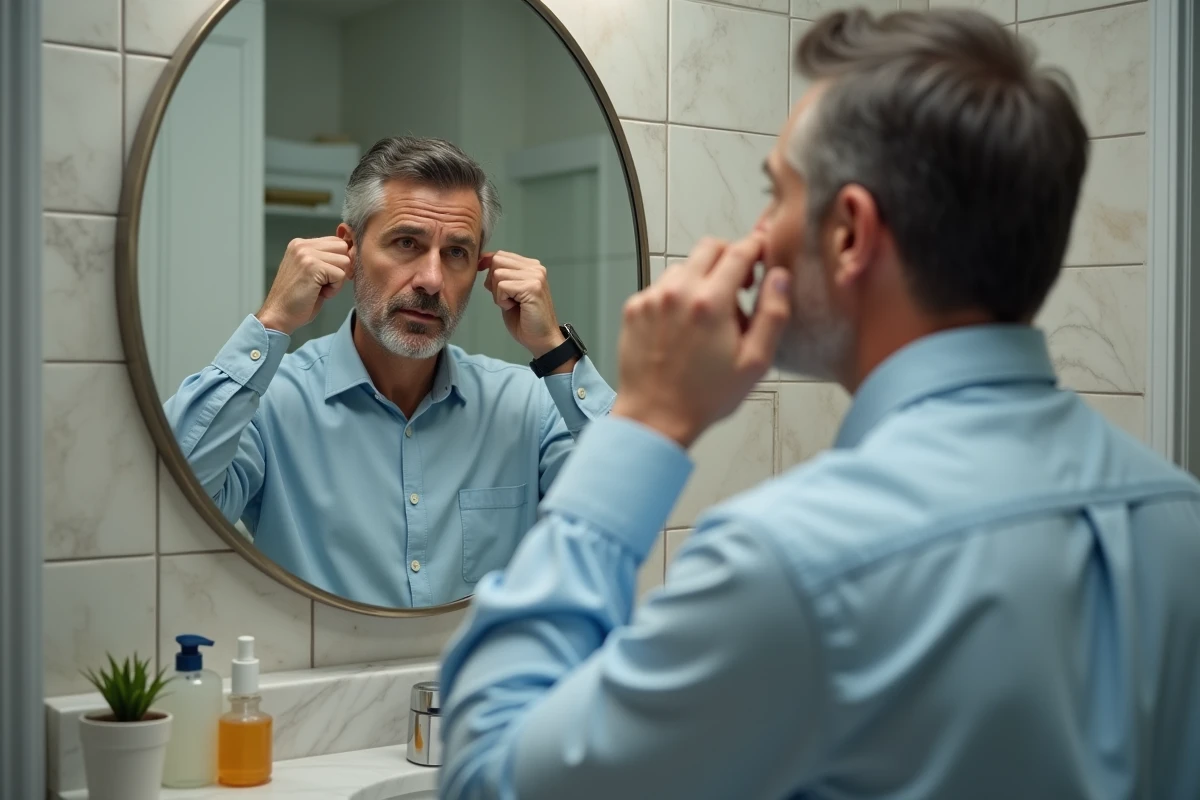 Homme regardant ses cheveux dans un miroir de salle de bain