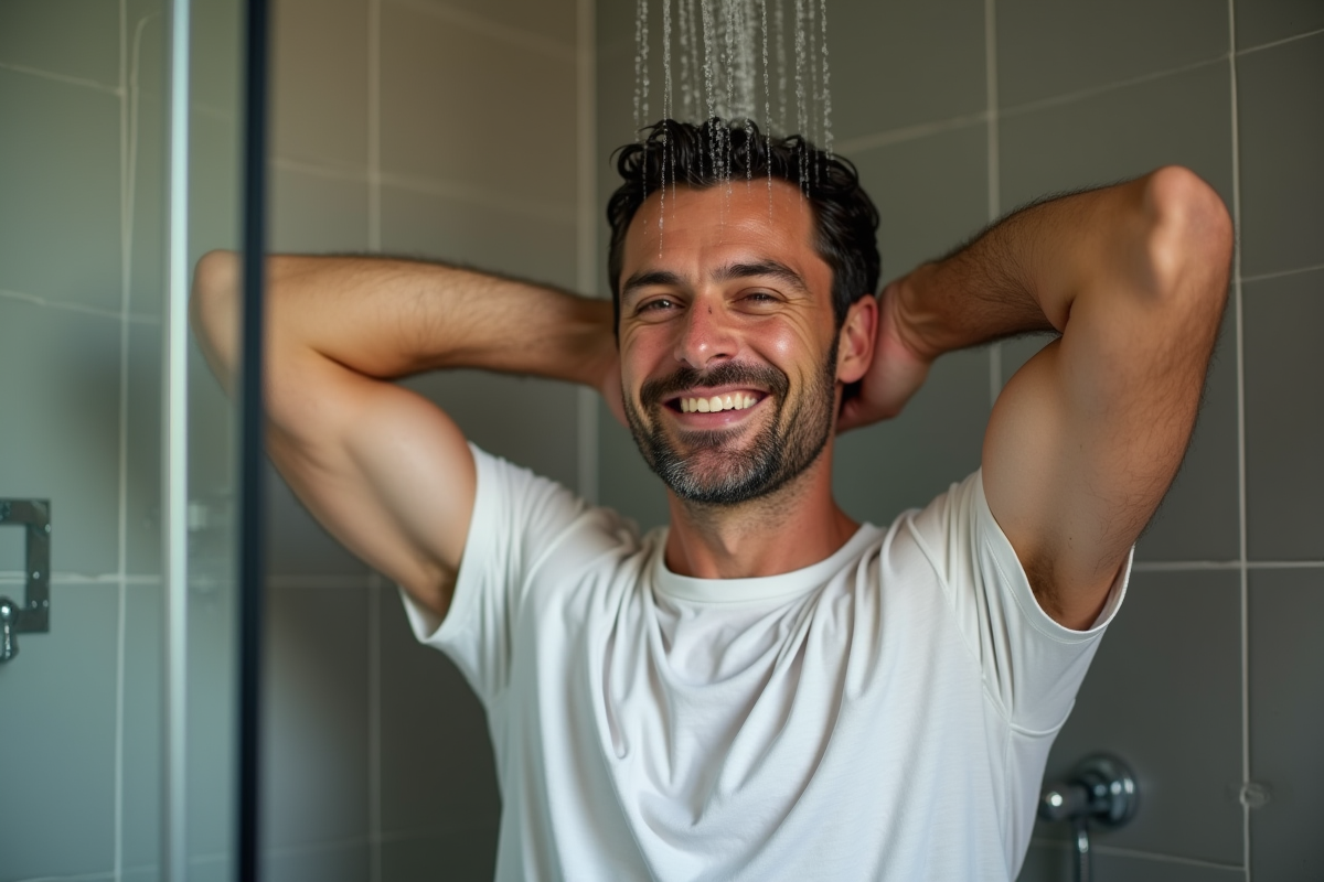 Homme se rinçant les cheveux sous la douche