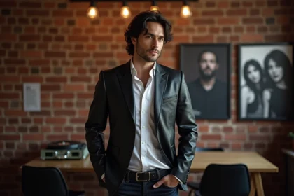 Homme confiant en veste cuir dans un loft urbain