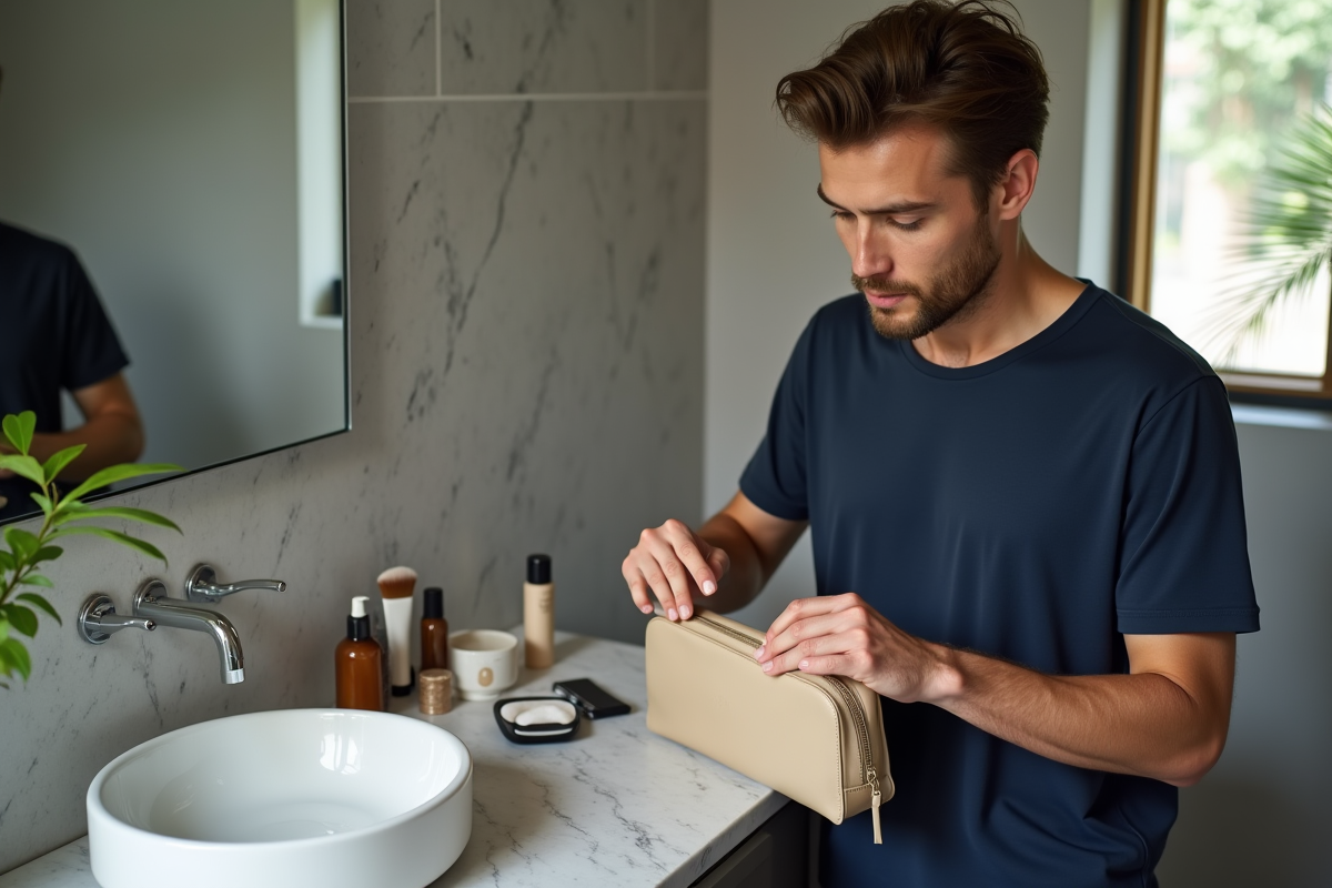 Homme organisant un sac de maquillage dans une salle de bain élégante
