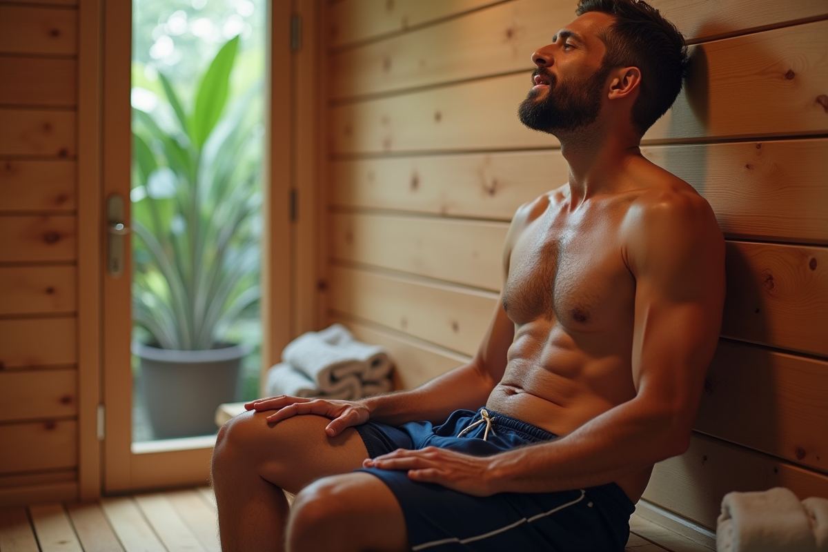 Homme dans un sauna en bois avec vapeur