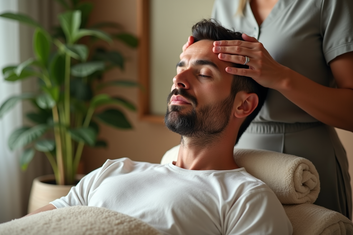 Homme recevant un massage du cuir chevelu dans un spa calme