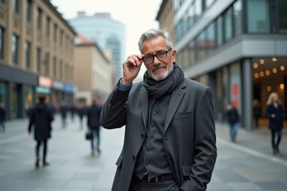 Homme en costume dans une ville animée