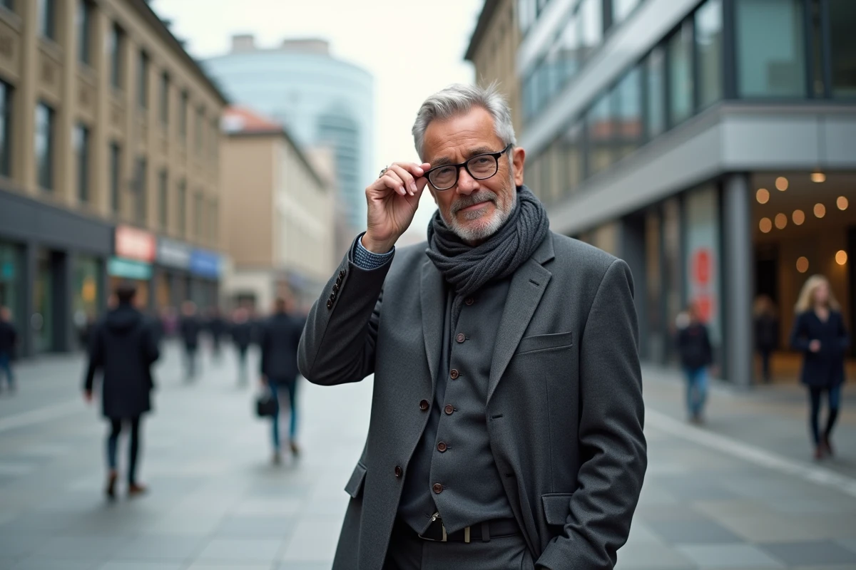 Homme en costume dans une ville animée