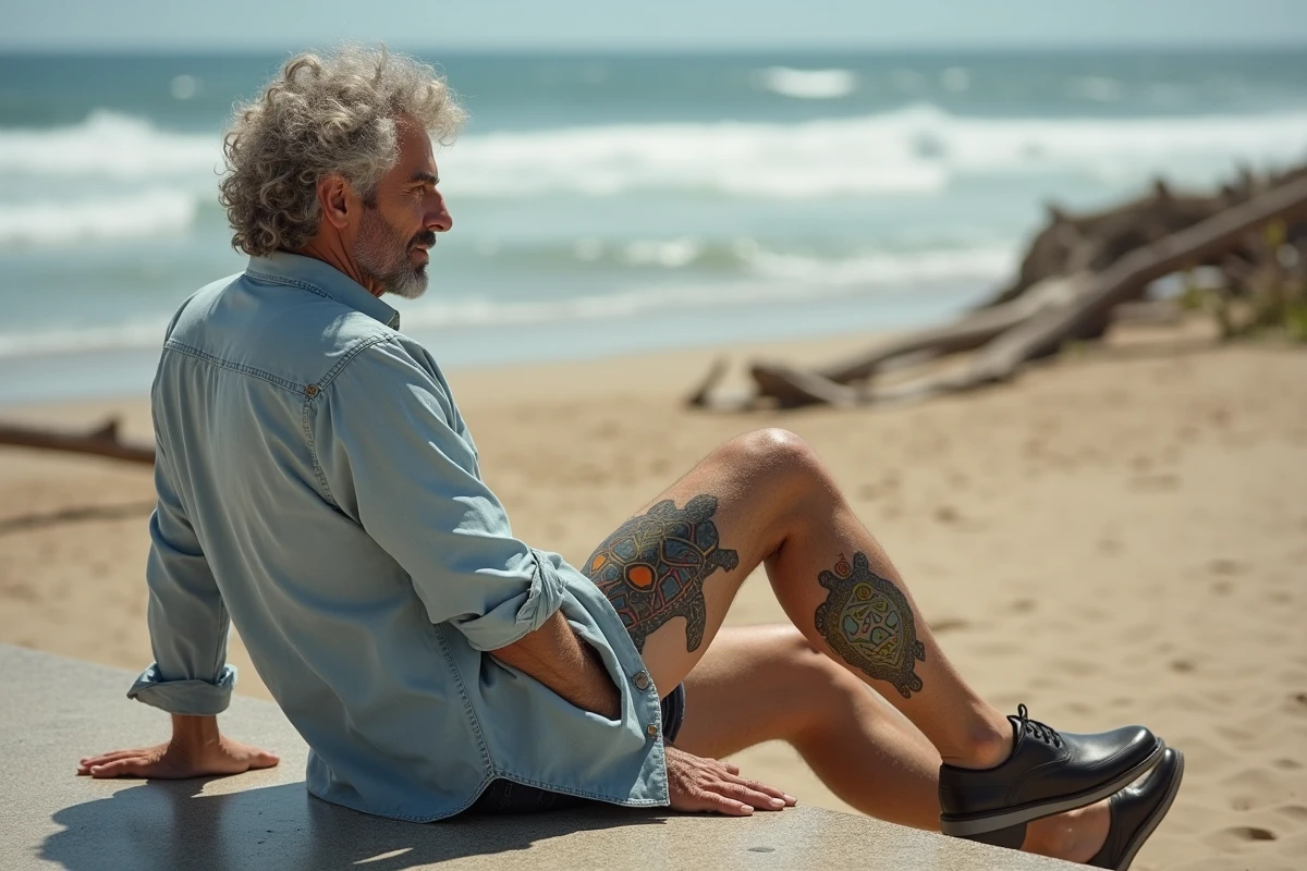 Homme avec tatouage tortue en bord de mer sur un banc en pierre