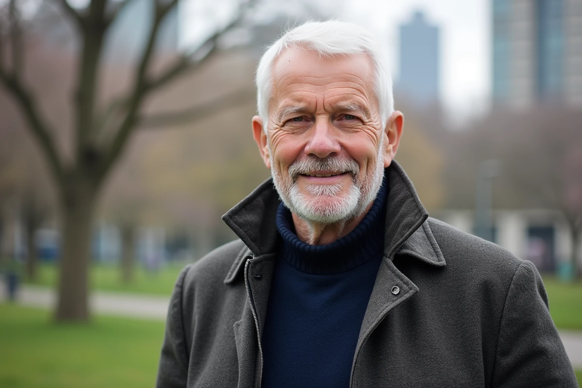 Homme confiant en plein air avec parc et architecture urbaine