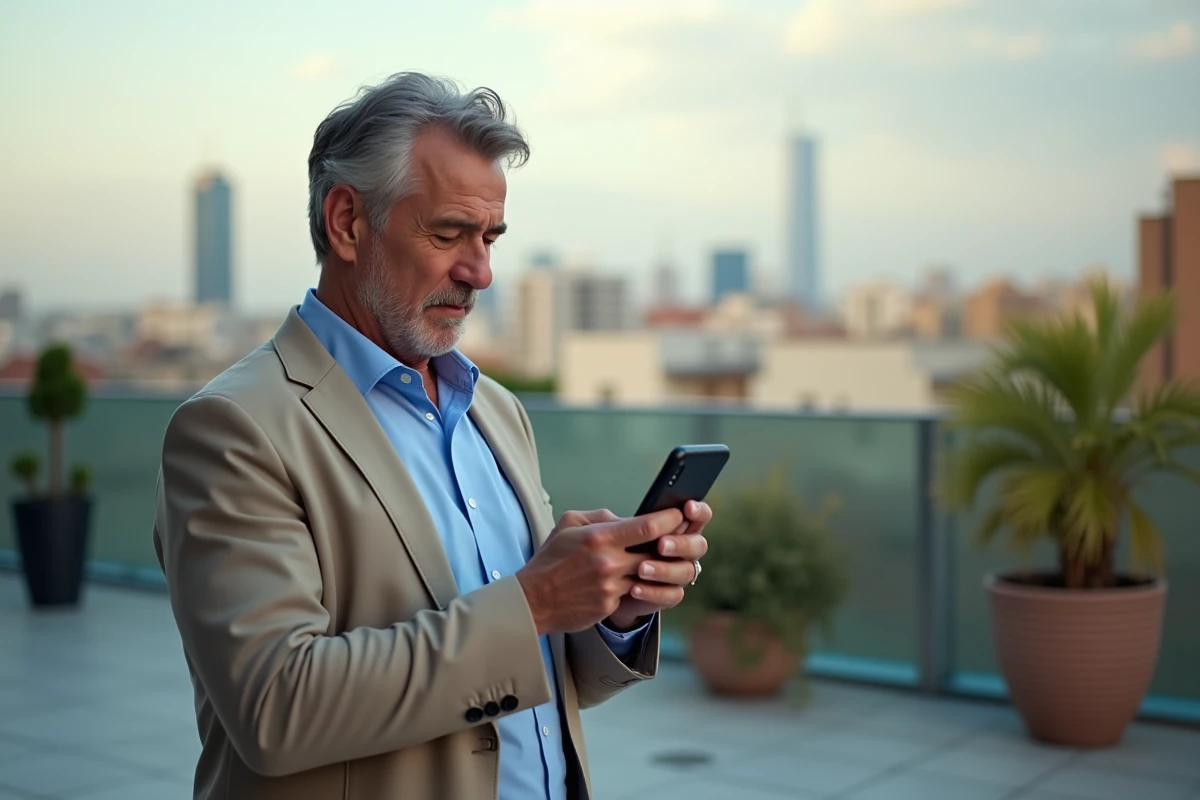 Homme regardant son téléphone sur une terrasse urbaine