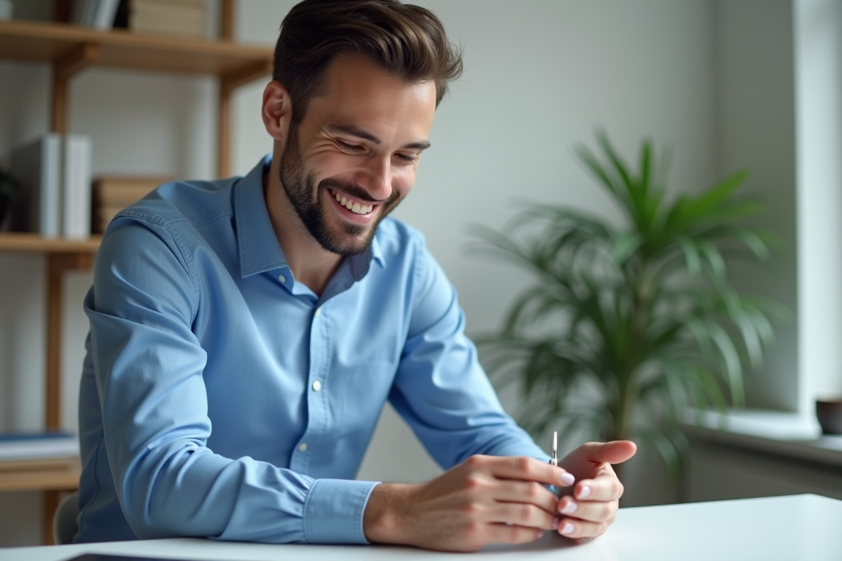 Jeune homme vérifiant sa manucure gel dans un intérieur lumineux
