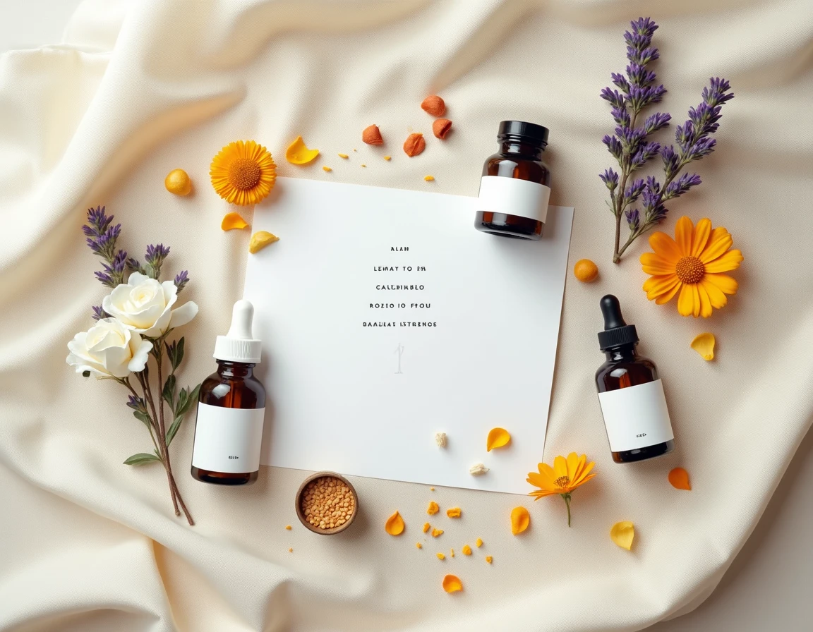 Ingrédients naturels et flacons de soins visage Zaturelle disposés en flat lay sur fond lin beige