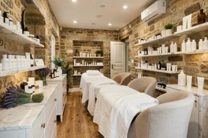Vue d'ensemble d'un institut de beauté élégant en Bourgogne-Franche-Comté avec décoration naturelle et produits de soin
