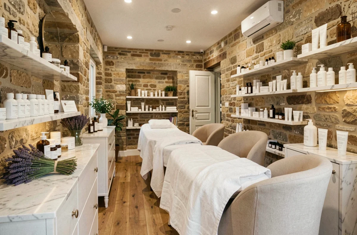 Vue d'ensemble d'un institut de beauté élégant en Bourgogne-Franche-Comté avec décoration naturelle et produits de soin