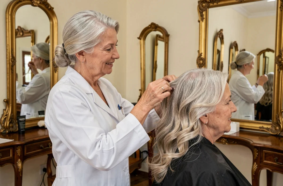 Coiffeuse expérimentée coiffant une cliente dans le salon traditionnel Jacky Coiff' à Haguenau