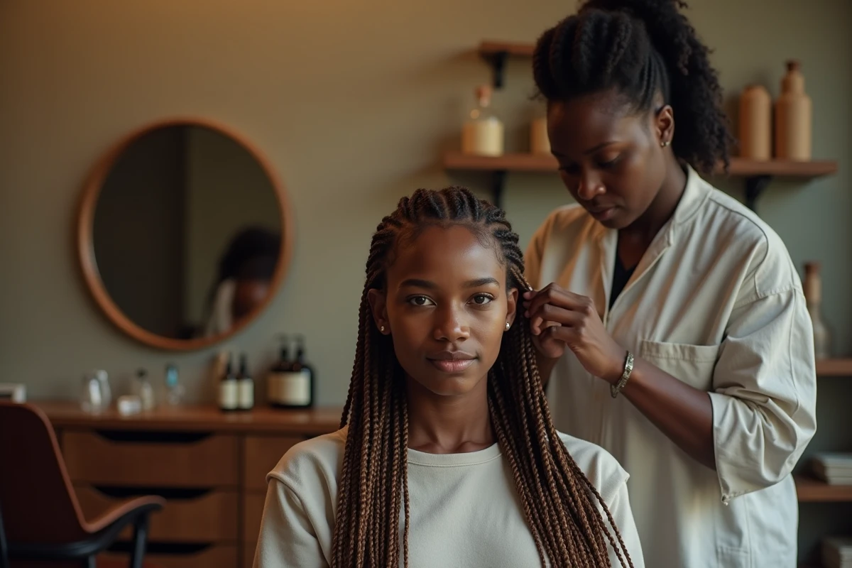 Jeune femme africaine coiffée de cornrows dans un salon chaleureux