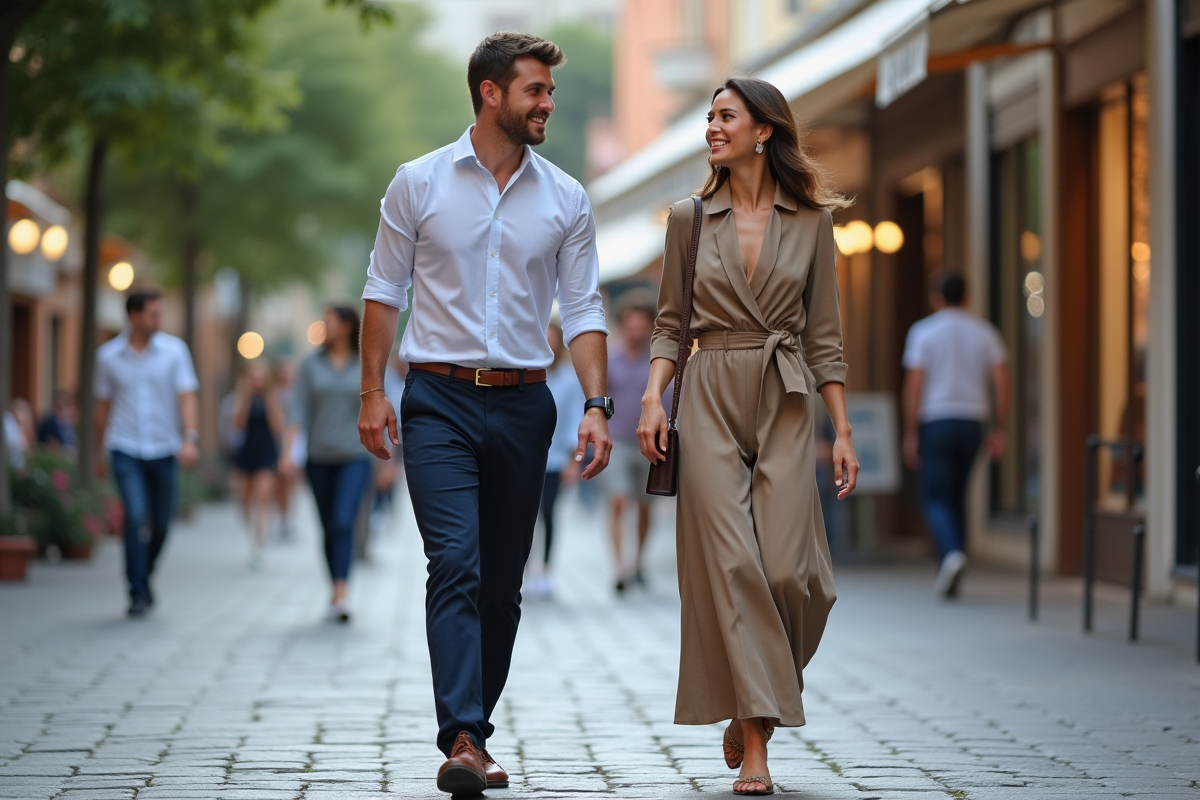 Jeune couple professionnel dans une place animée en ville