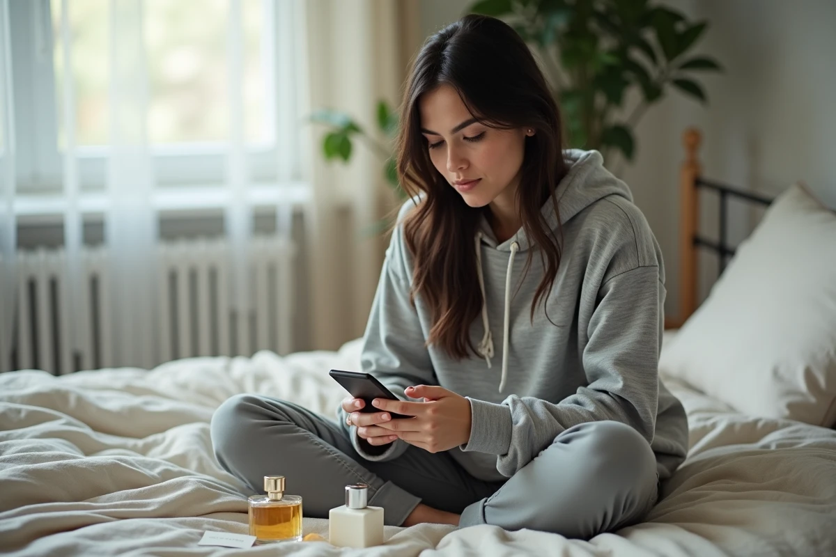 Jeune femme assise sur son lit consultant des avis sur le parfum Kalista depuis son smartphone entourée de flacons testeurs