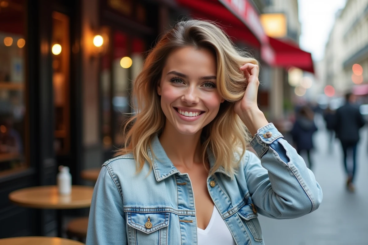 Jeune femme souriante avec carré dégradé devant un café parisien