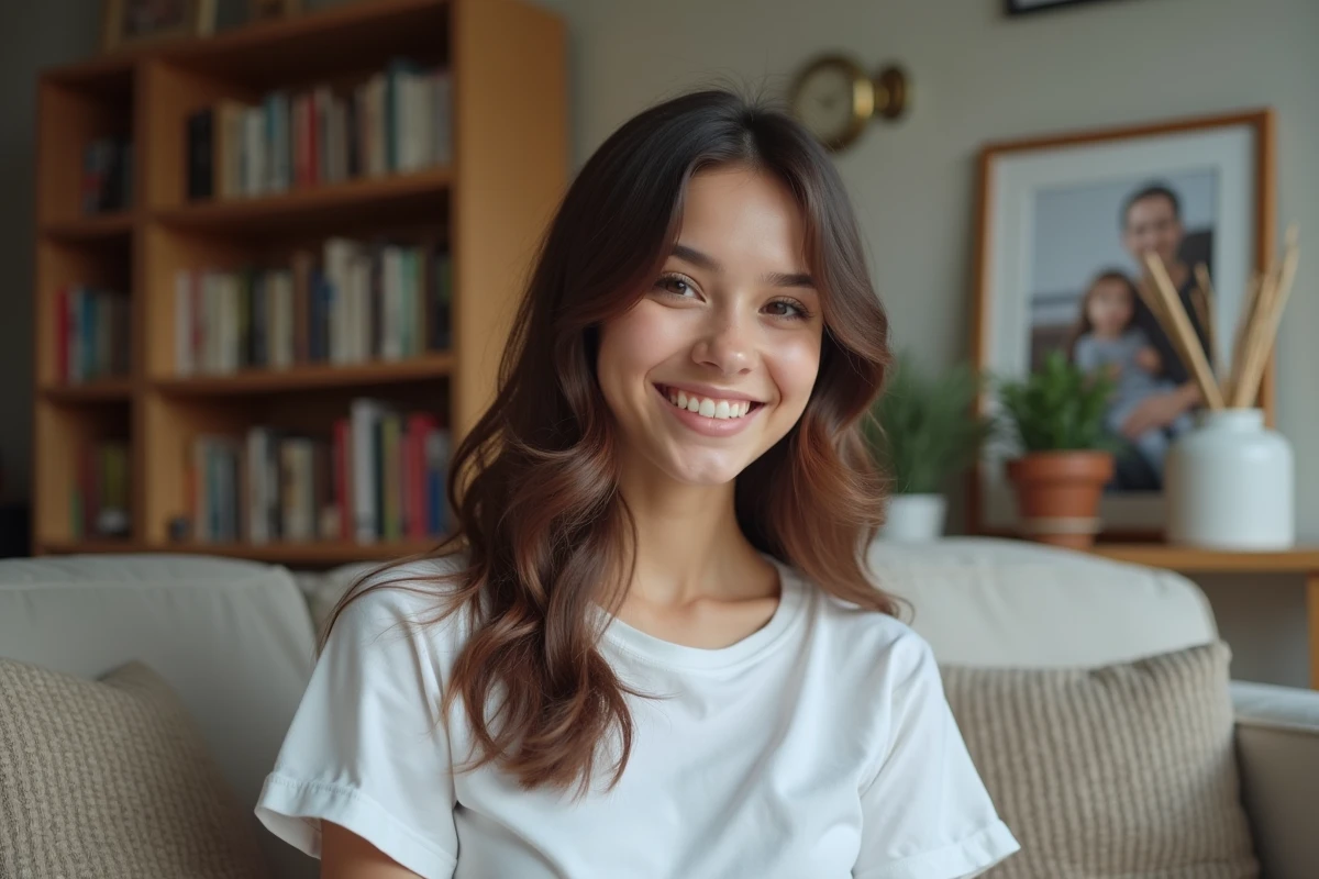 Jeune femme brune ajoutant des mèches à une amie dans un salon cosy