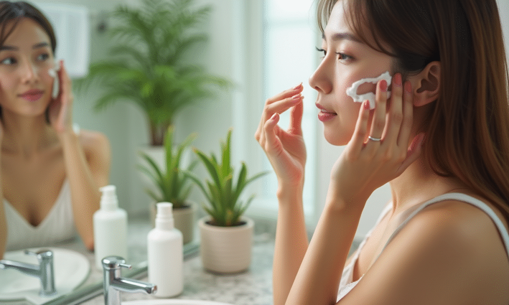 Jeune femme appliquant une creme visage devant miroir naturel
