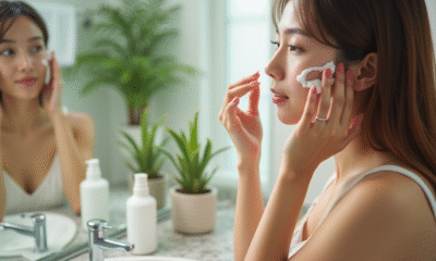Jeune femme appliquant une creme visage devant miroir naturel