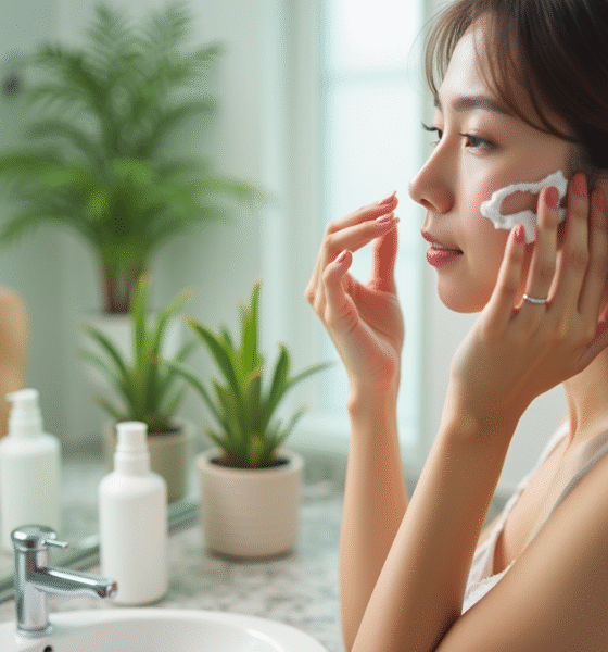 Jeune femme appliquant une creme visage devant miroir naturel
