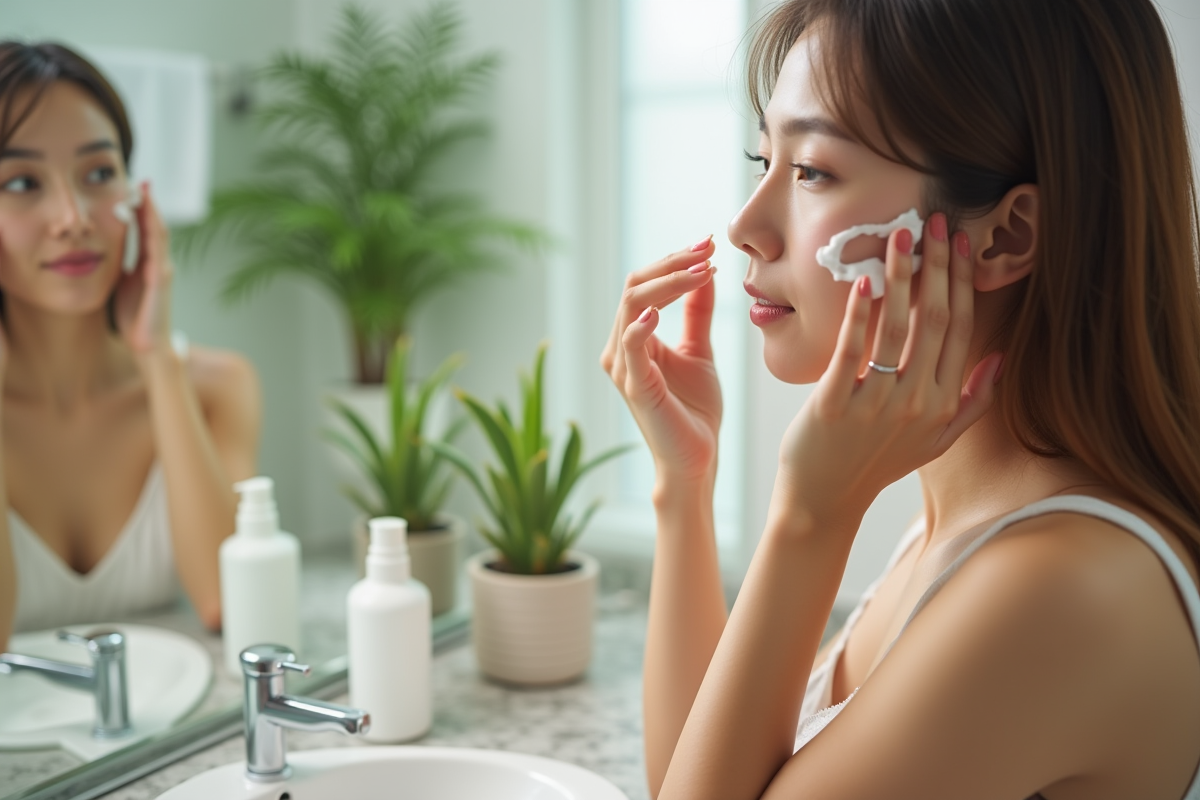 Jeune femme appliquant une creme visage devant miroir naturel