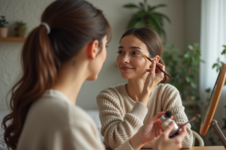 Jeune femme appliquant un fard à paupières marron