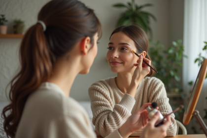 Jeune femme appliquant un fard à paupières marron