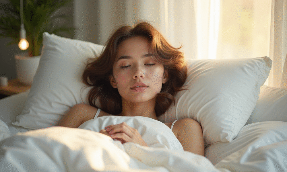 Jeune femme se réveillant avec une peau fraîche et lumineuse