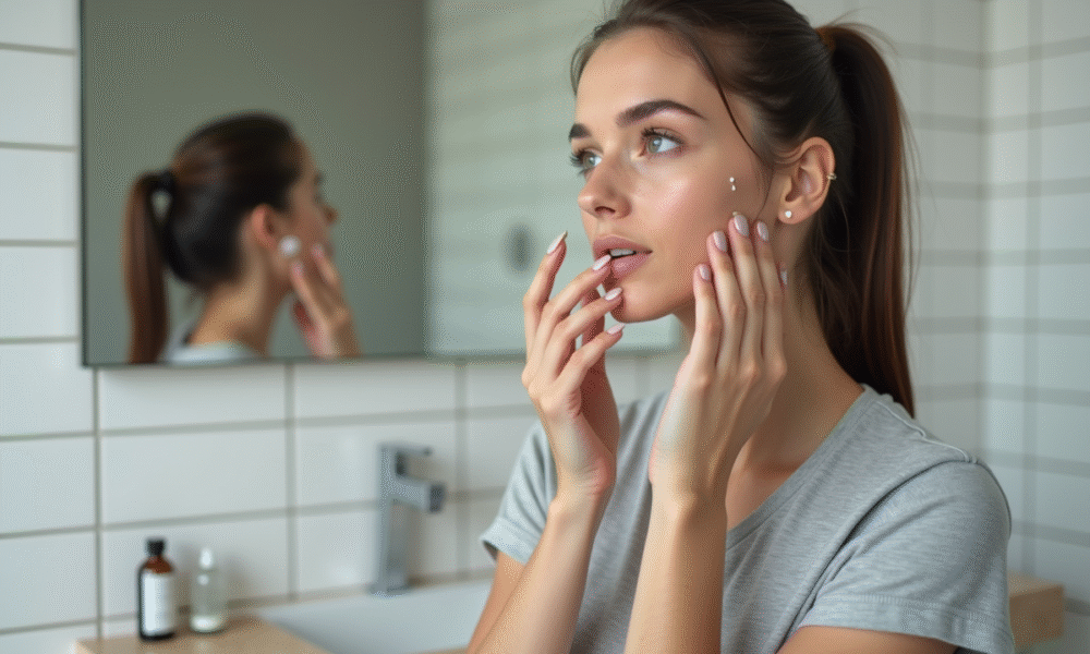 Jeune femme appliquant un serum visage dans sa salle de bain