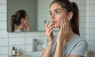 Jeune femme appliquant un serum visage dans sa salle de bain