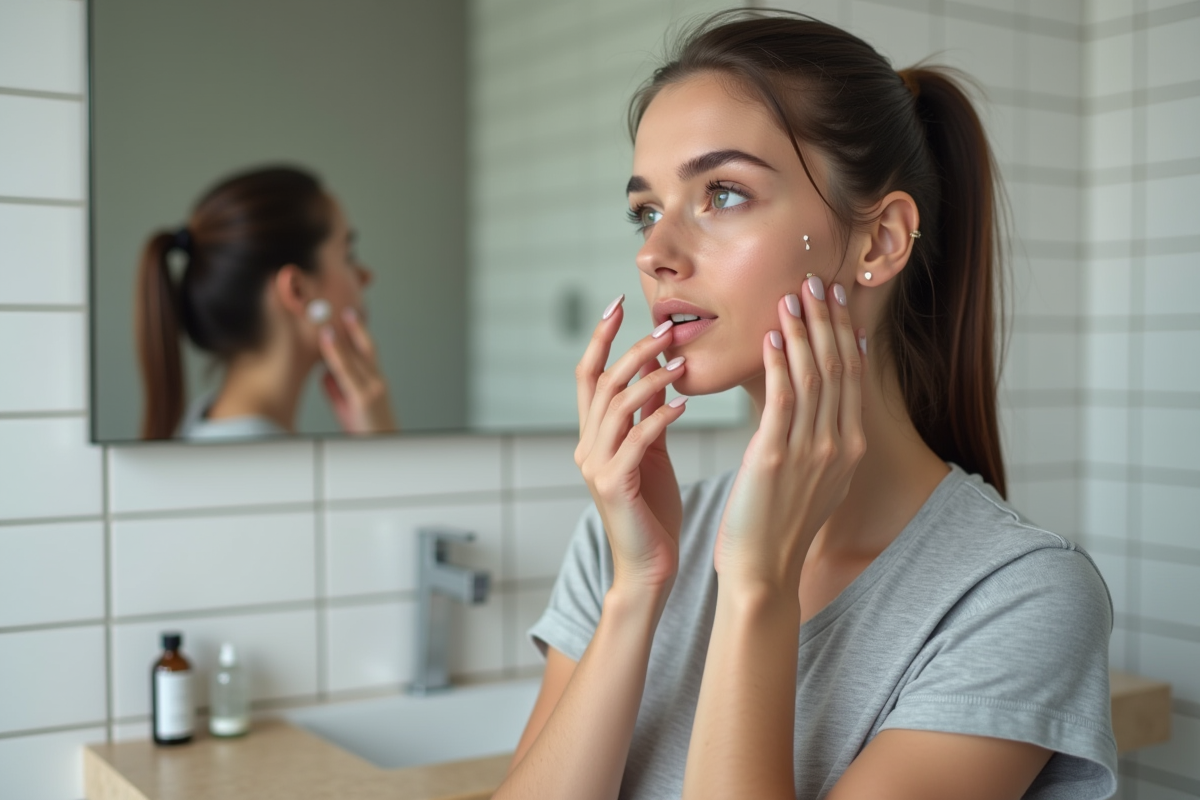 Jeune femme appliquant un serum visage dans sa salle de bain