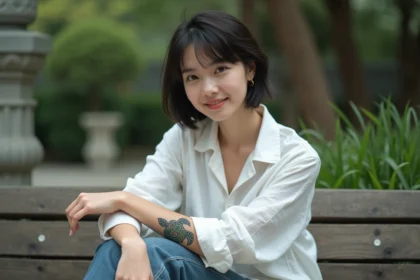 Jeune femme avec tatouage tortue sur le poignet en jardin urbain