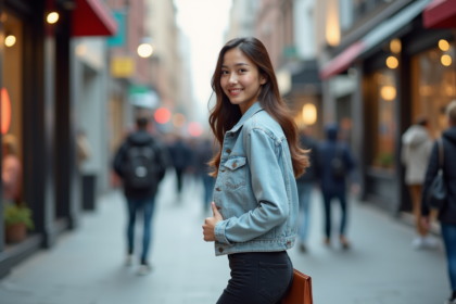 Jeune femme en denim marche dans la ville avec un sourire naturel