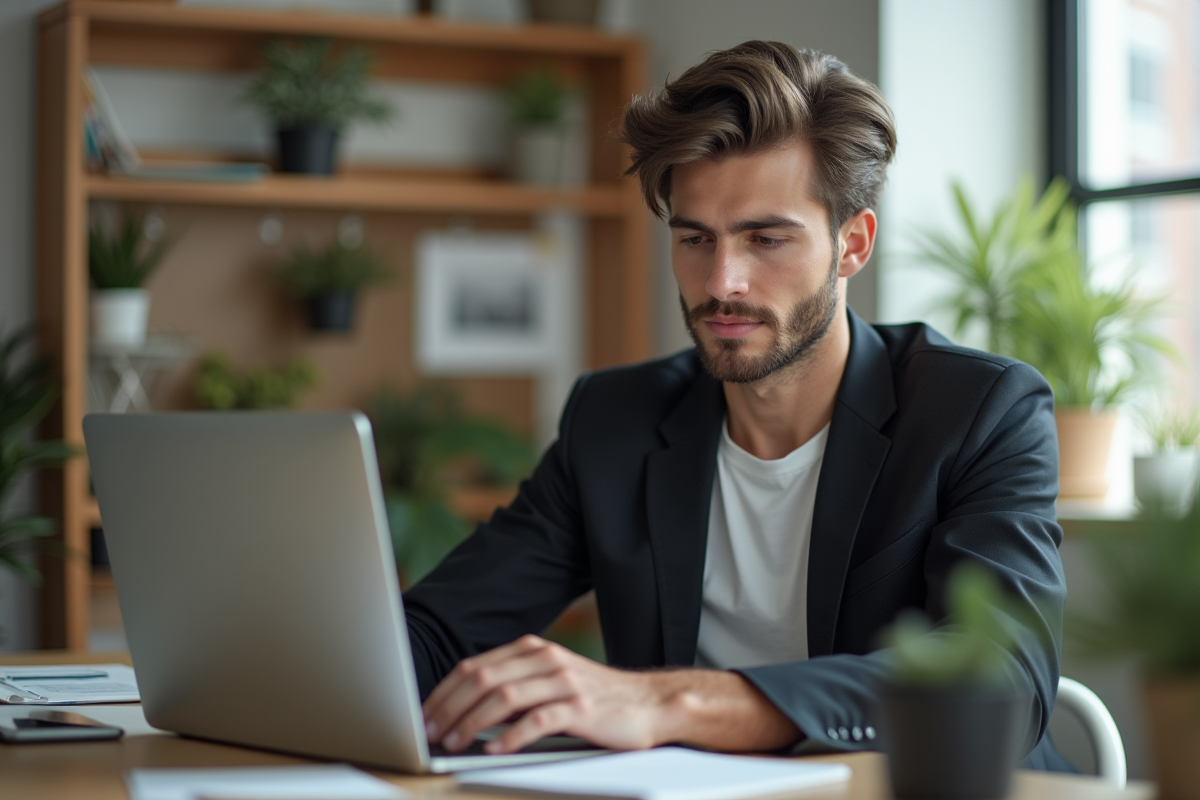 Jeune homme au bureau met à jour son portfolio numérique