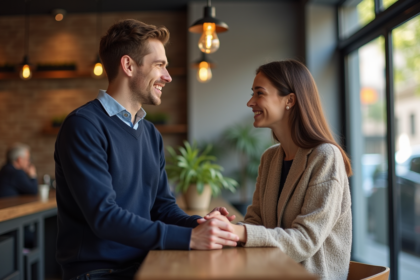 Jeune homme en café discutant avec une femme souriante