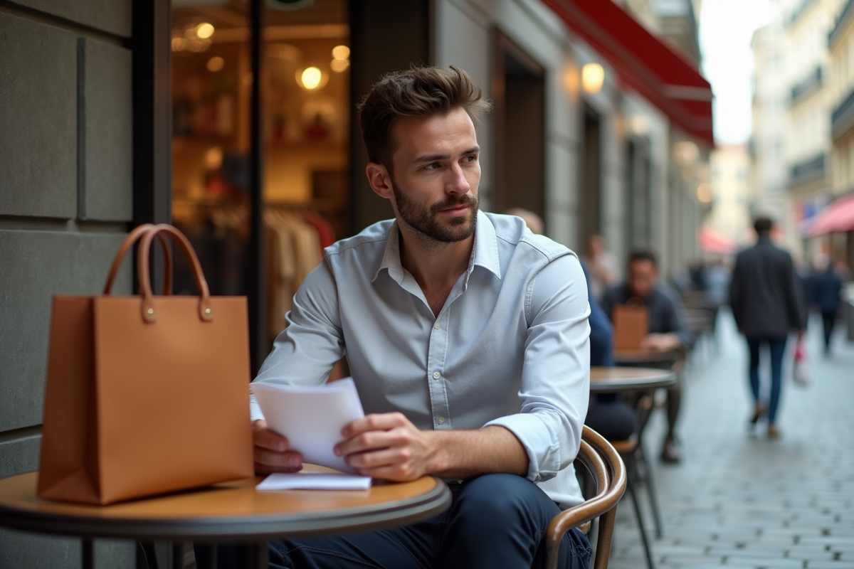 Jeune homme au café avec sacs de shopping haut de gamme