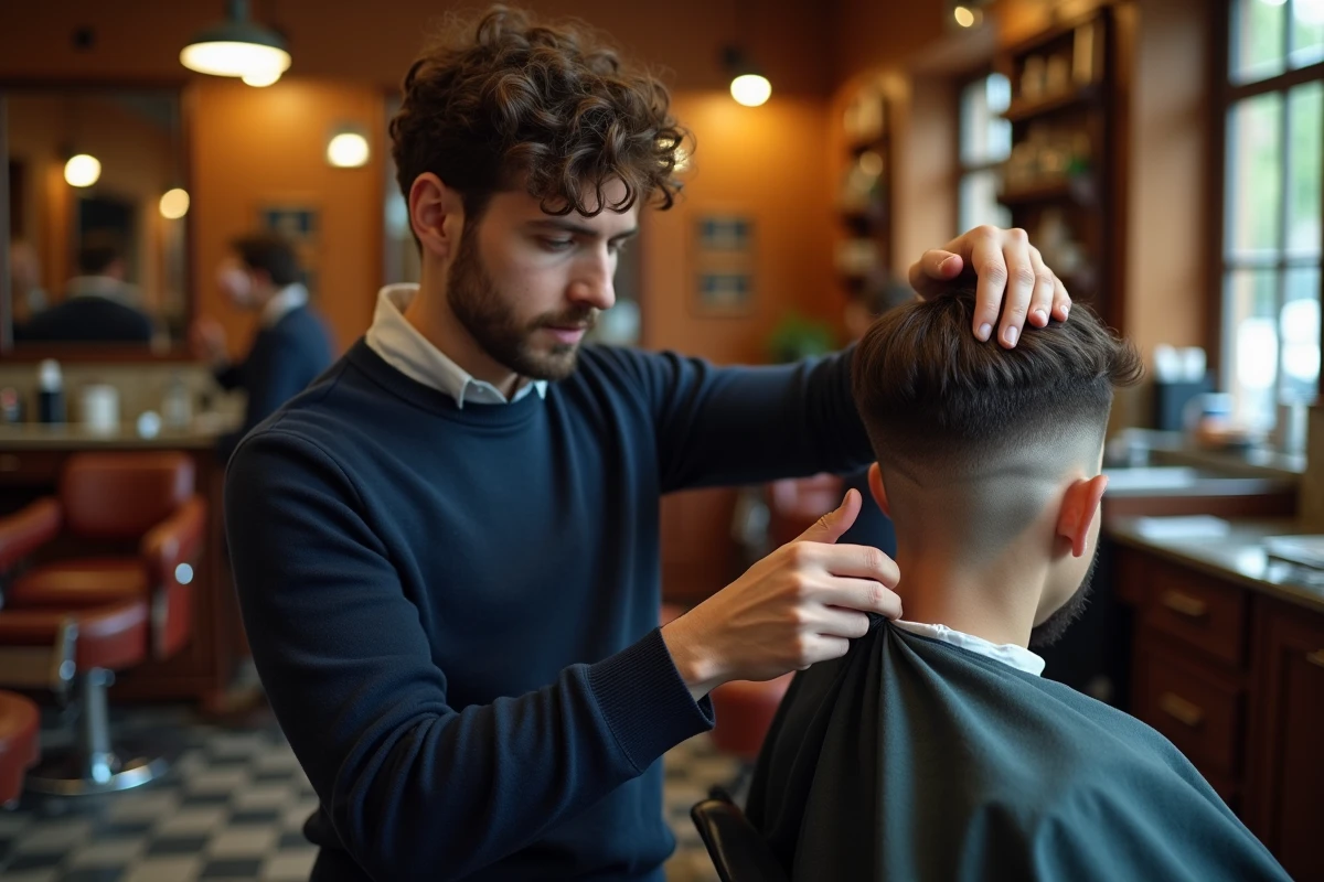 Jeune homme se coiffant dans un salon de barbier vintage