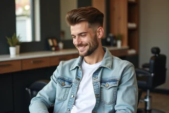 Jeune homme avec coupe casquette lisse en salon moderne