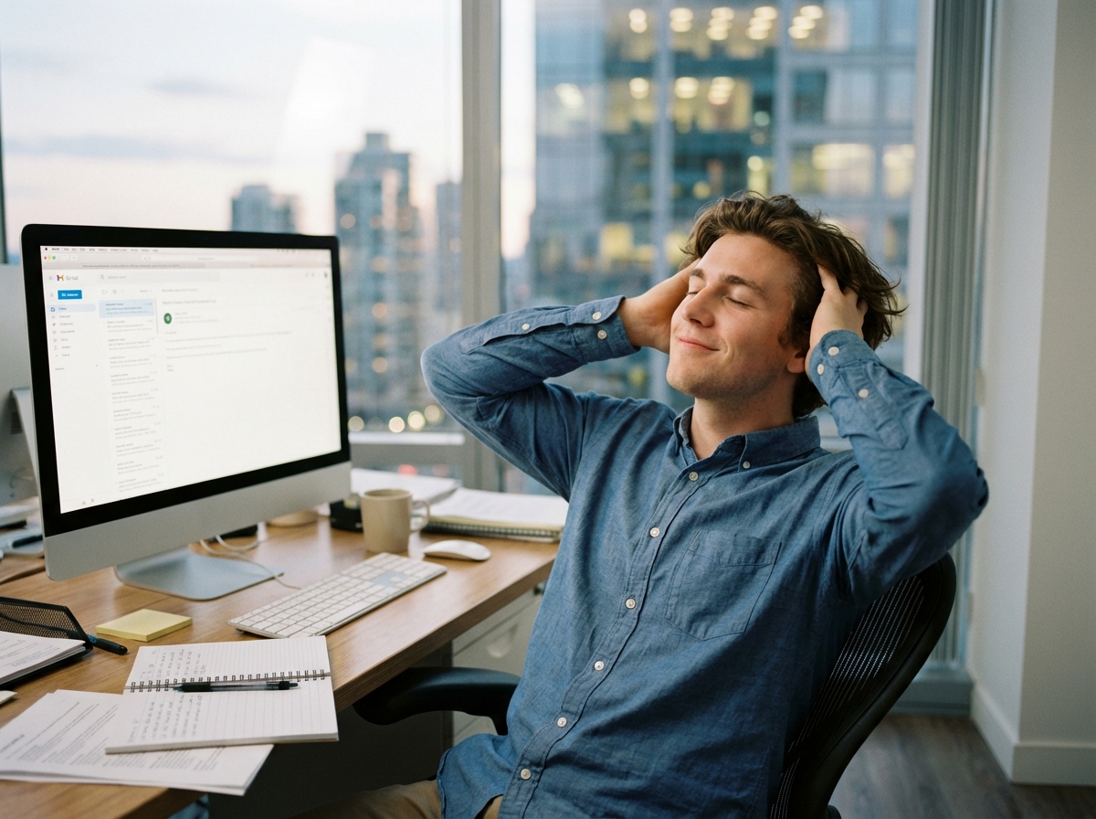 Jeune homme se massant le cuir chevelu à son bureau moderne