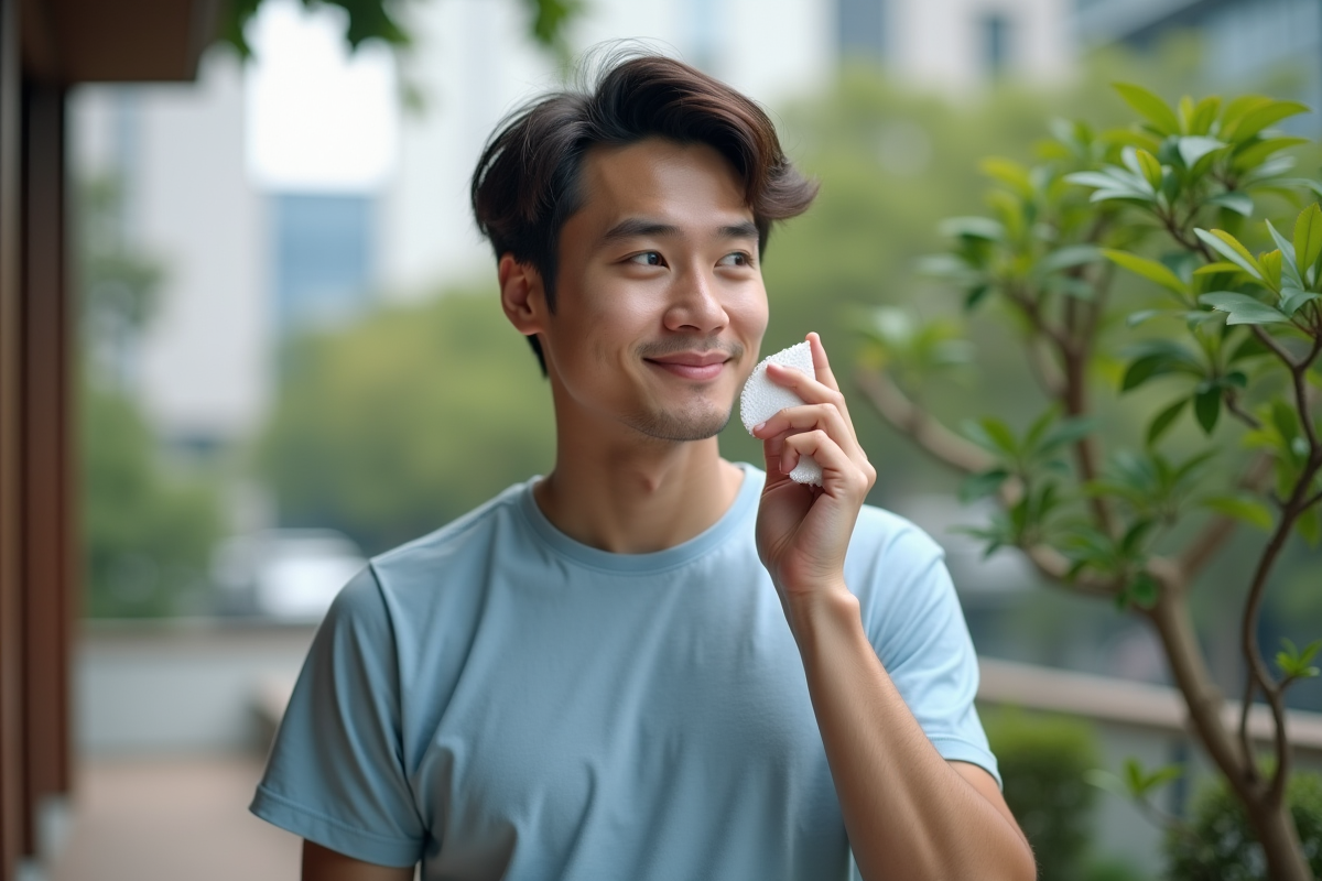 Jeune homme nettoyant son visage en extérieur