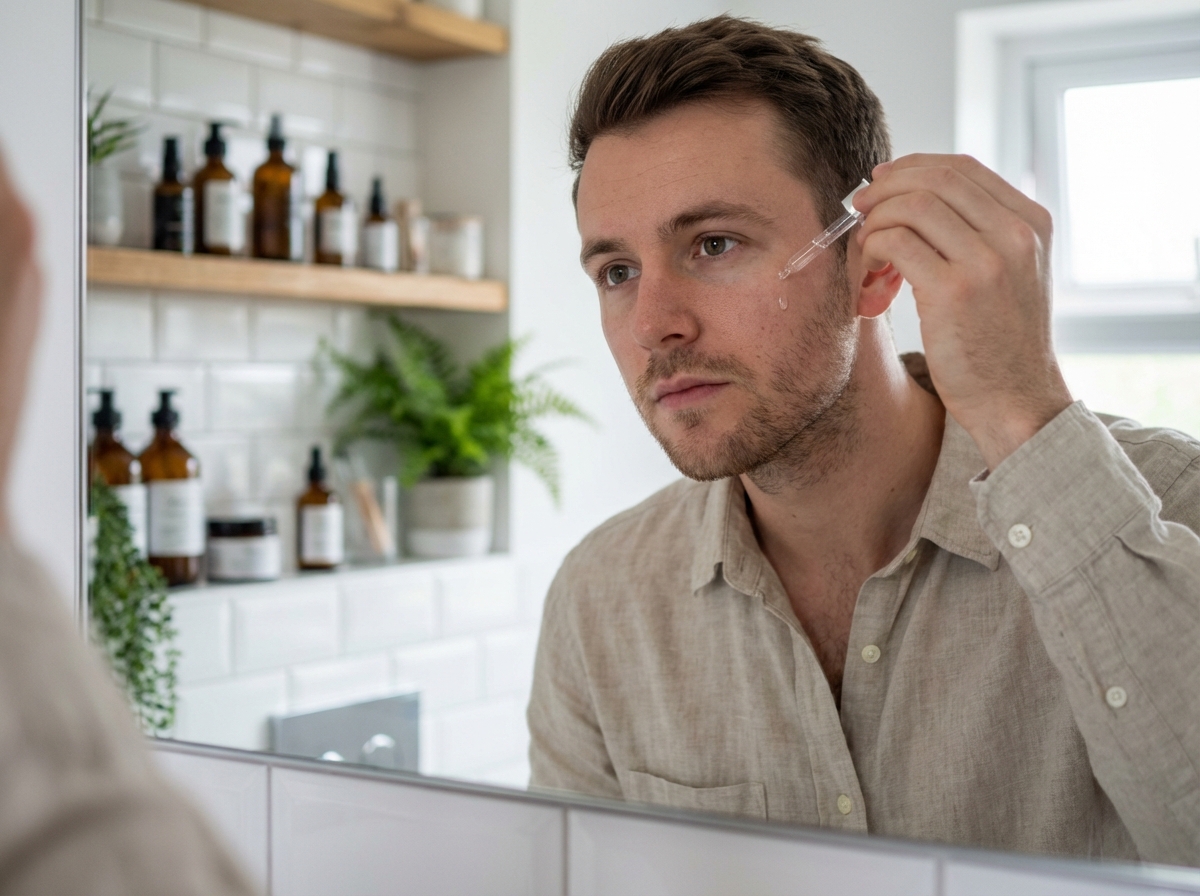 Jeune homme appliquant un sérum dans sa salle de bain lumineuse