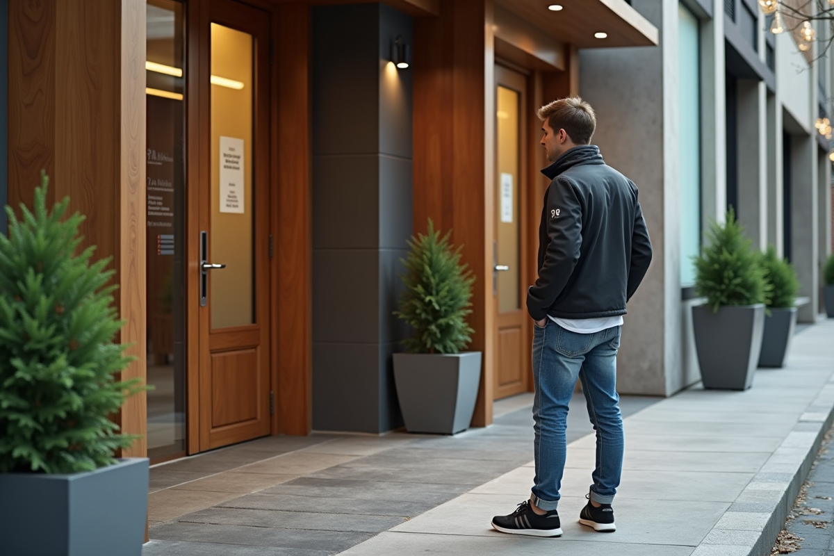Jeune homme devant un spa vérifiant les horaires d