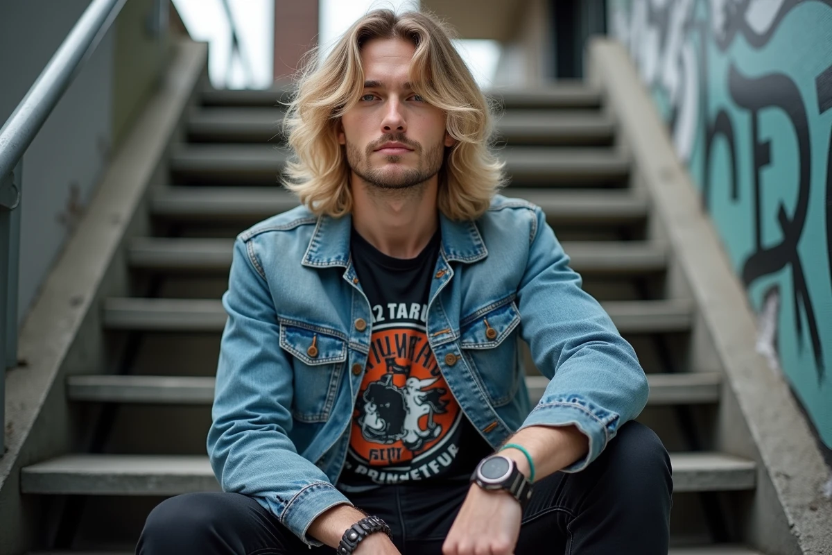 Jeune homme détendu avec veste en jean devant concert