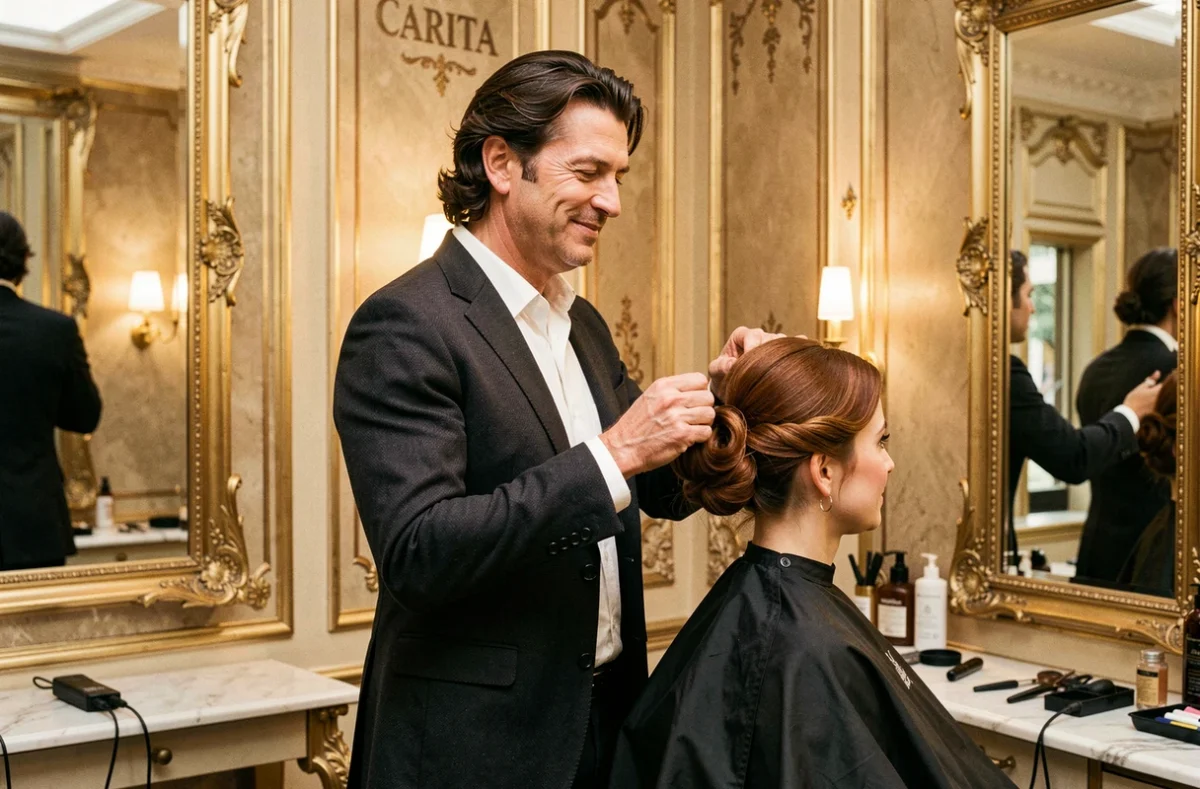 John Nollet coiffant une cliente dans le salon Carita à Paris, cadre luxueux et décor doré à la française